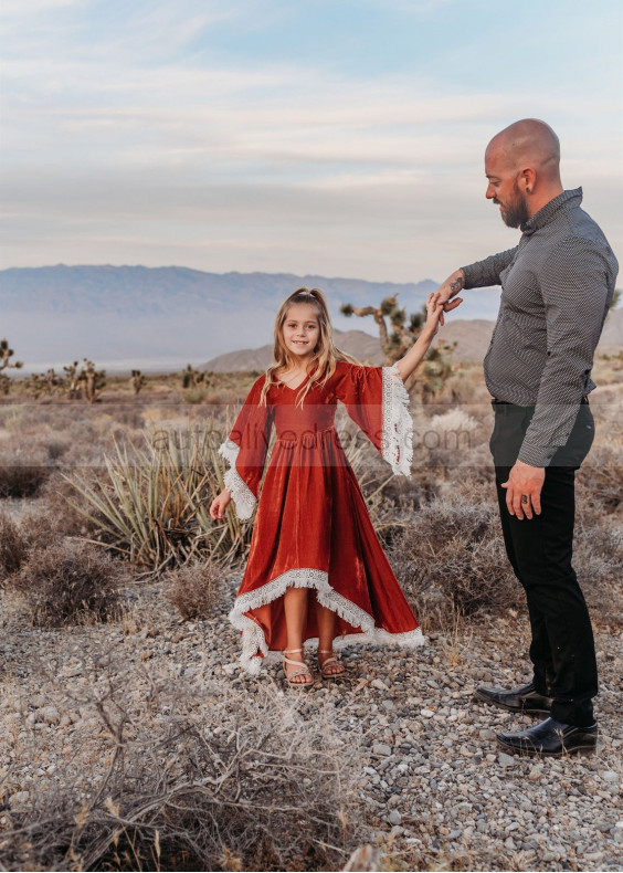 Copper Orange Velvet High Low Bohemian Hippie Flower Girl Dress